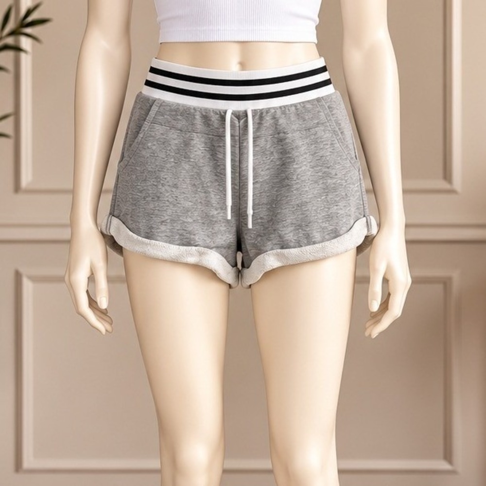Adidas Womens Shorts Gray Striped Elastic Waistband Rolled Hem Size Extra Small